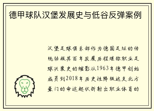 德甲球队汉堡发展史与低谷反弹案例